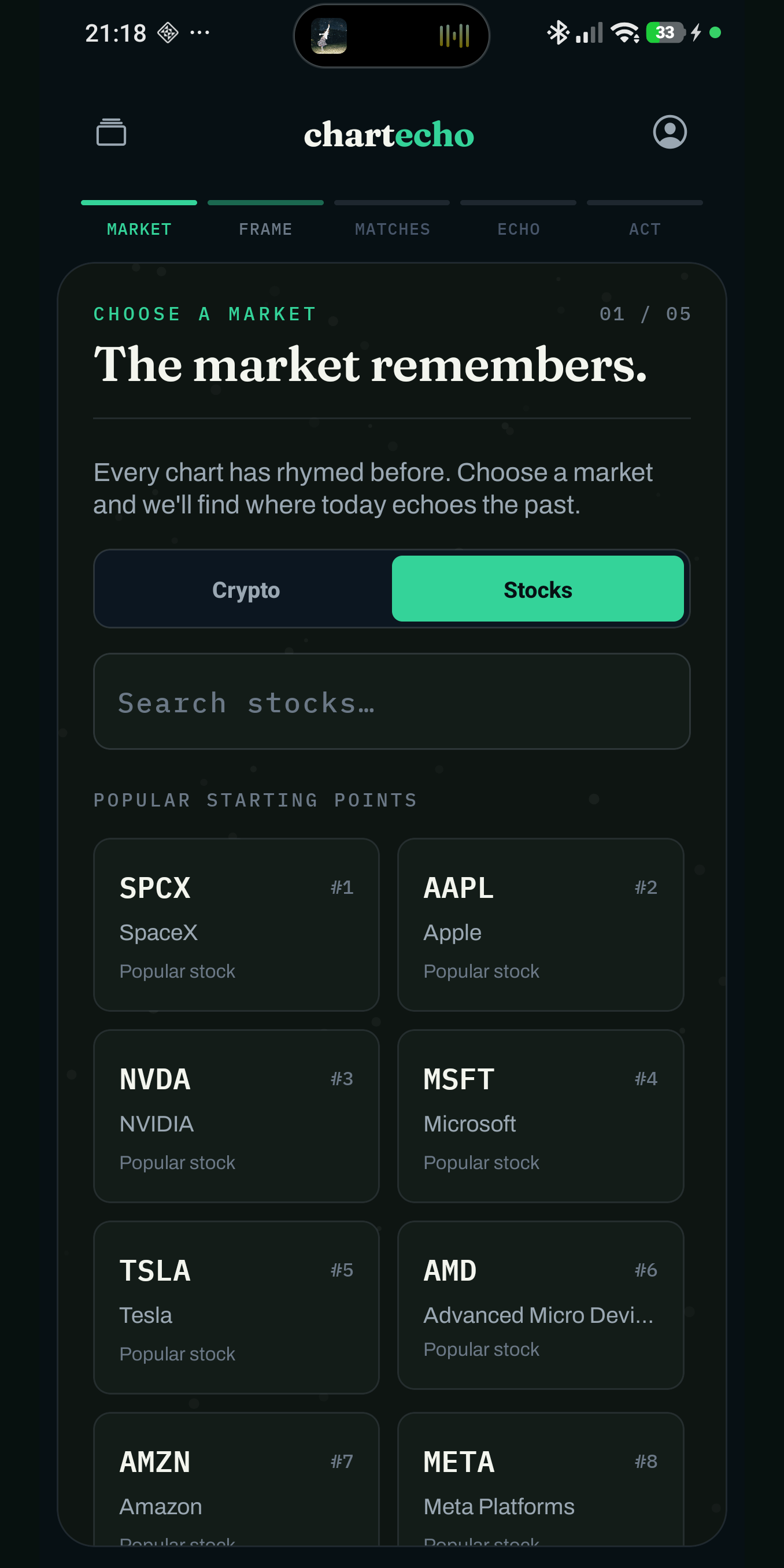 Chart Echo mobile market search screen